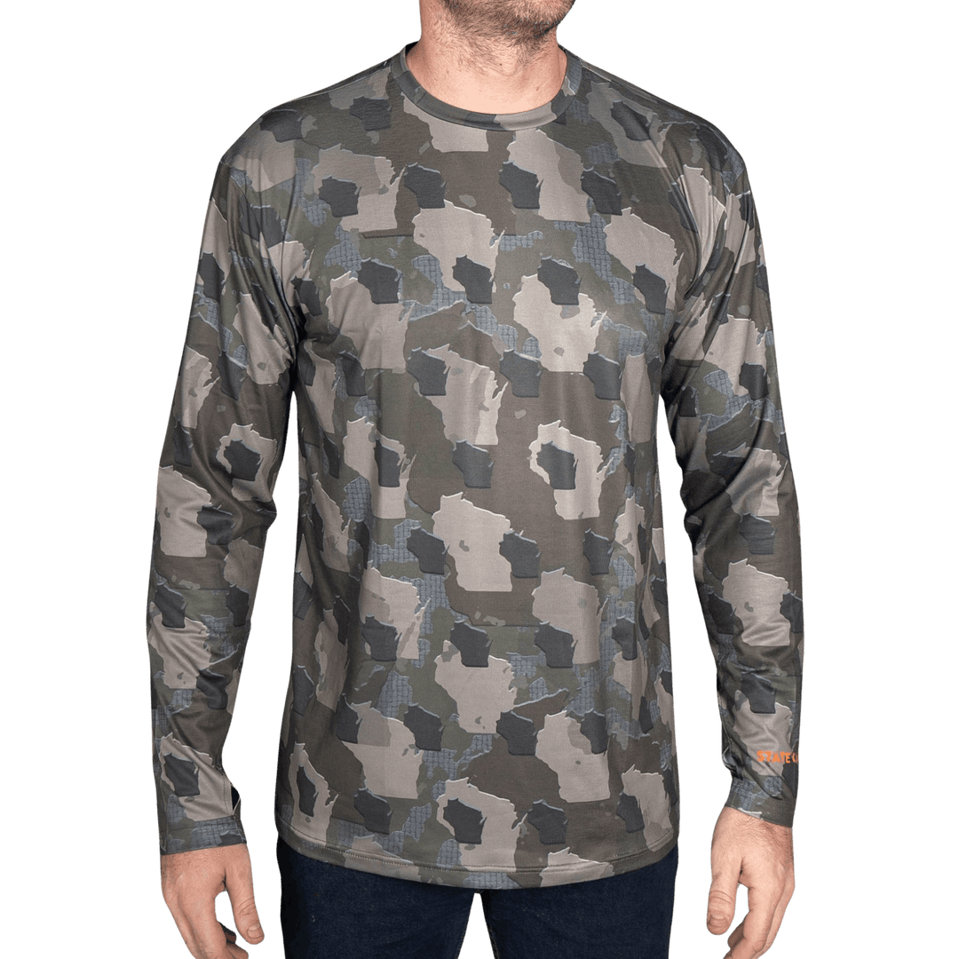 Wisconsin State Camo long sleeve shirt featuring a unique camo pattern made for Wisconsin, designed for hunters and outdoor enthusiasts