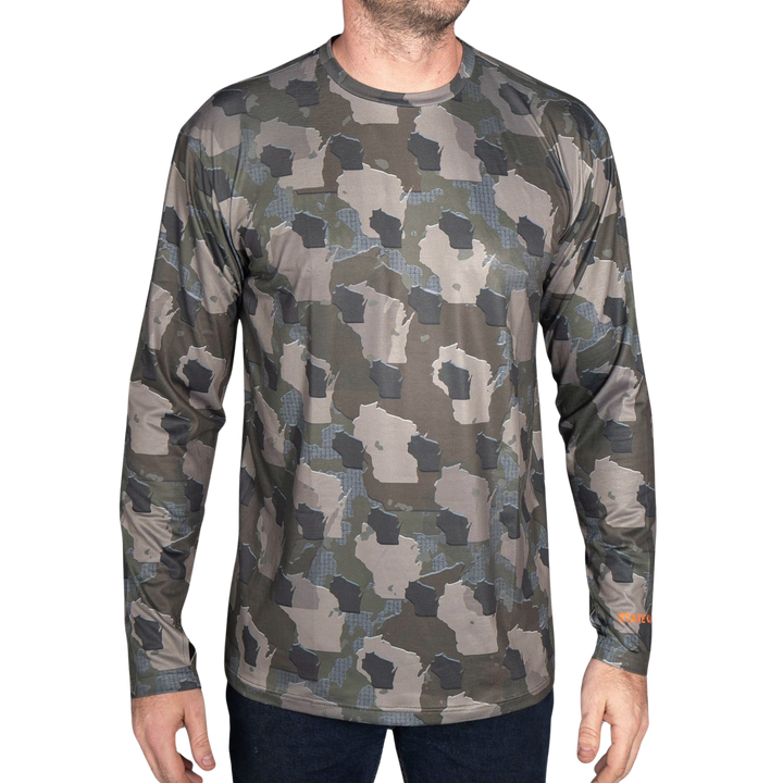 Wisconsin State Camo long sleeve shirt featuring a unique camo pattern made for Wisconsin, designed for hunters and outdoor enthusiasts