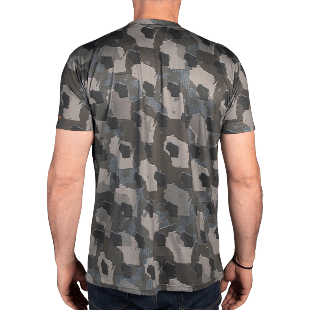 Men’s Wisconsin Camo short sleeve shirt featuring a unique camouflage pattern made from the outline of the state of Wisconsin. Lightweight, breathable, and perfect for hunting, hiking, or everyday wear.