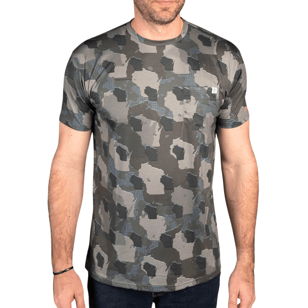 Men’s Wisconsin Camo short sleeve shirt featuring a unique camouflage pattern made from the outline of the state of Wisconsin. Lightweight, breathable, and perfect for hunting, hiking, or everyday wear.