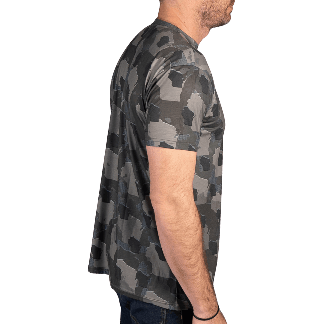 Men’s Wisconsin Camo short sleeve shirt featuring a unique camouflage pattern made from the outline of the state of Wisconsin. Lightweight, breathable, and perfect for hunting, hiking, or everyday wear.
