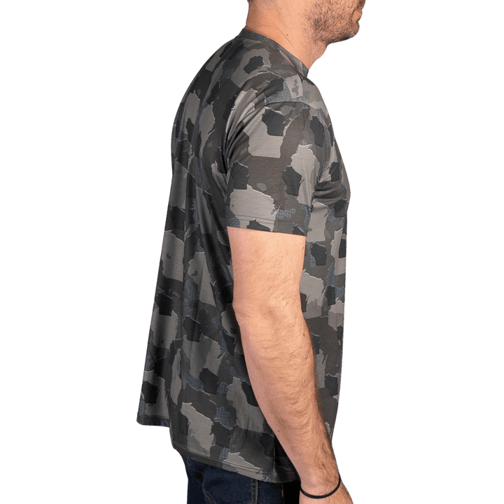 Men’s Wisconsin Camo short sleeve shirt featuring a unique camouflage pattern made from the outline of the state of Wisconsin. Lightweight, breathable, and perfect for hunting, hiking, or everyday wear.