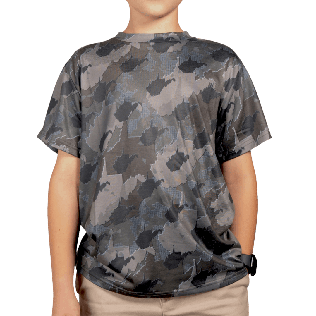 Kid’s West Virginia Camo short sleeve shirt featuring a unique camouflage pattern made from the outline of the state of West Virginia Lightweight, breathable, and perfect for hunting, hiking, or everyday wear.