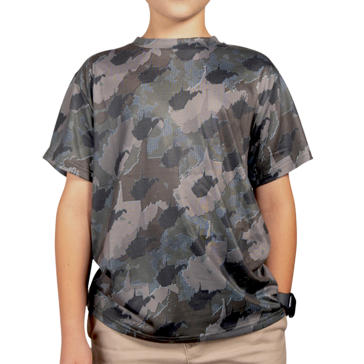 Kid’s West Virginia Camo short sleeve shirt featuring a unique camouflage pattern made from the outline of the state of West Virginia Lightweight, breathable, and perfect for hunting, hiking, or everyday wear.