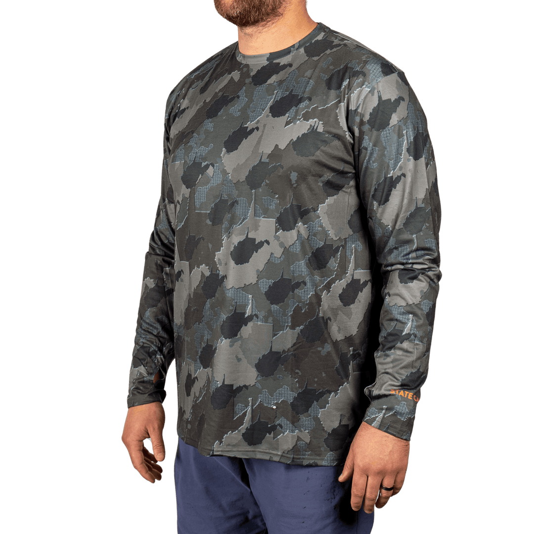 West Virginia State Camo long sleeve shirt featuring a unique camo pattern made for West Virginia, designed for hunters and outdoor enthusiasts