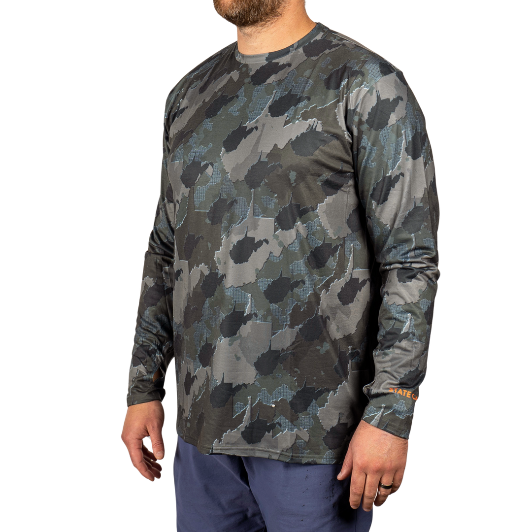 West Virginia State Camo long sleeve shirt featuring a unique camo pattern made for West Virginia, designed for hunters and outdoor enthusiasts