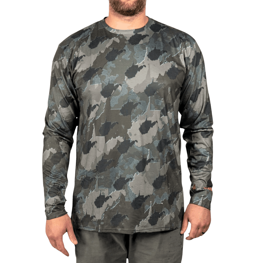 West Virginia State Camo long sleeve shirt featuring a unique camo pattern made for West Virginia, designed for hunters and outdoor enthusiasts
