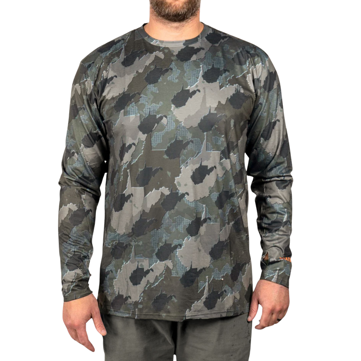 West Virginia State Camo long sleeve shirt featuring a unique camo pattern made for West Virginia, designed for hunters and outdoor enthusiasts