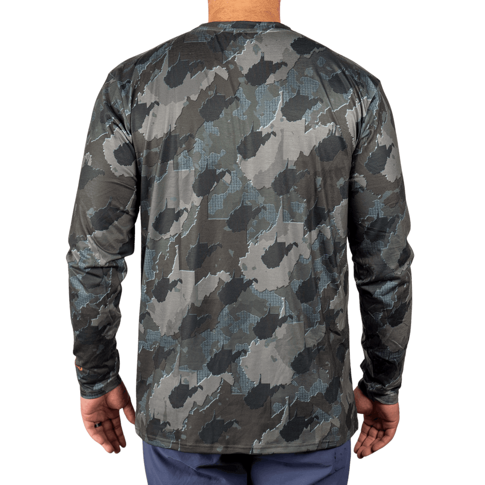 West Virginia State Camo long sleeve shirt featuring a unique camo pattern made for West Virginia, designed for hunters and outdoor enthusiasts