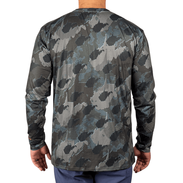 West Virginia State Camo long sleeve shirt featuring a unique camo pattern made for West Virginia, designed for hunters and outdoor enthusiasts