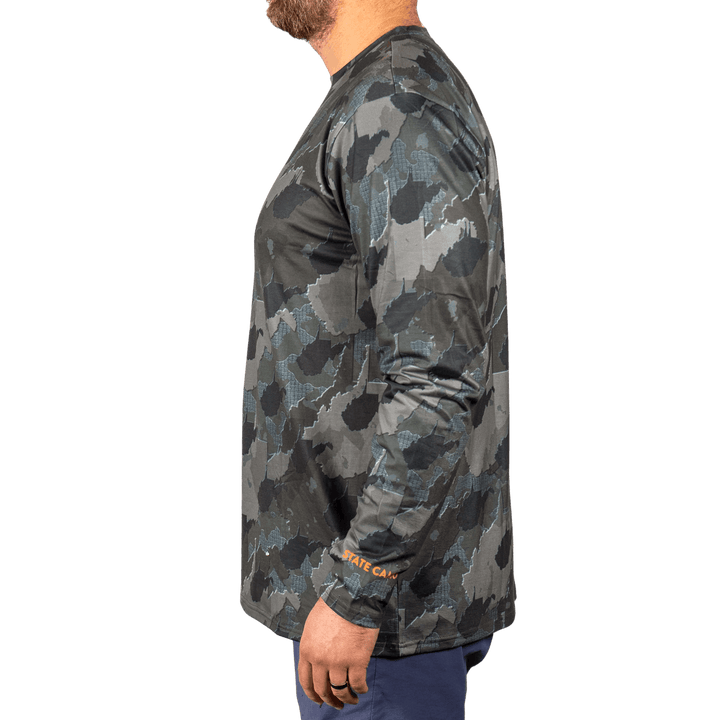 West Virginia State Camo long sleeve shirt featuring a unique camo pattern made for West Virginia, designed for hunters and outdoor enthusiasts