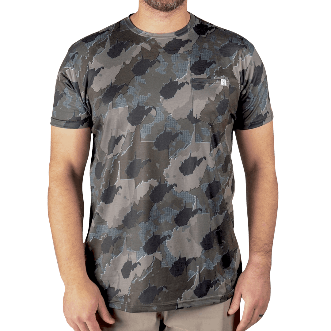 Men’s West Virginia Camo short sleeve shirt featuring a unique camouflage pattern made from the outline of the state of West Virginia. Lightweight, breathable, and perfect for hunting, hiking, or everyday wear.