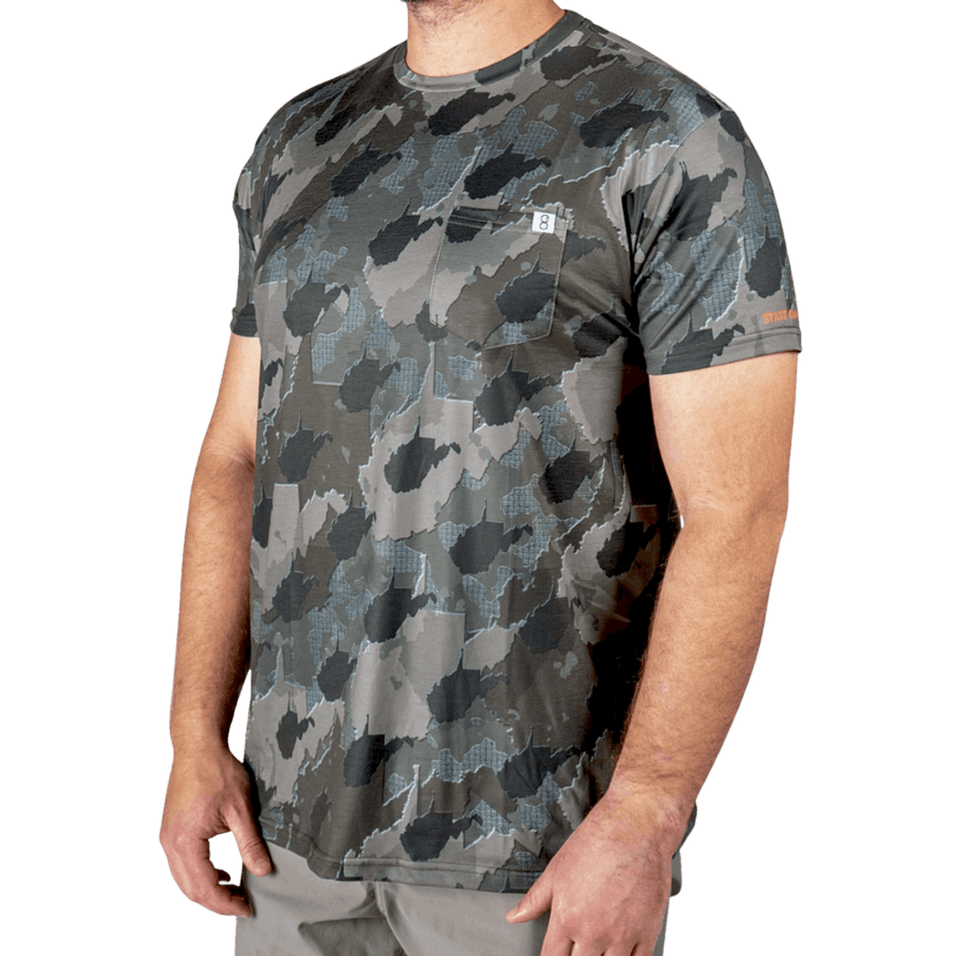 Men’s West Virginia Camo short sleeve shirt featuring a unique camouflage pattern made from the outline of the state of West Virginia. Lightweight, breathable, and perfect for hunting, hiking, or everyday wear.