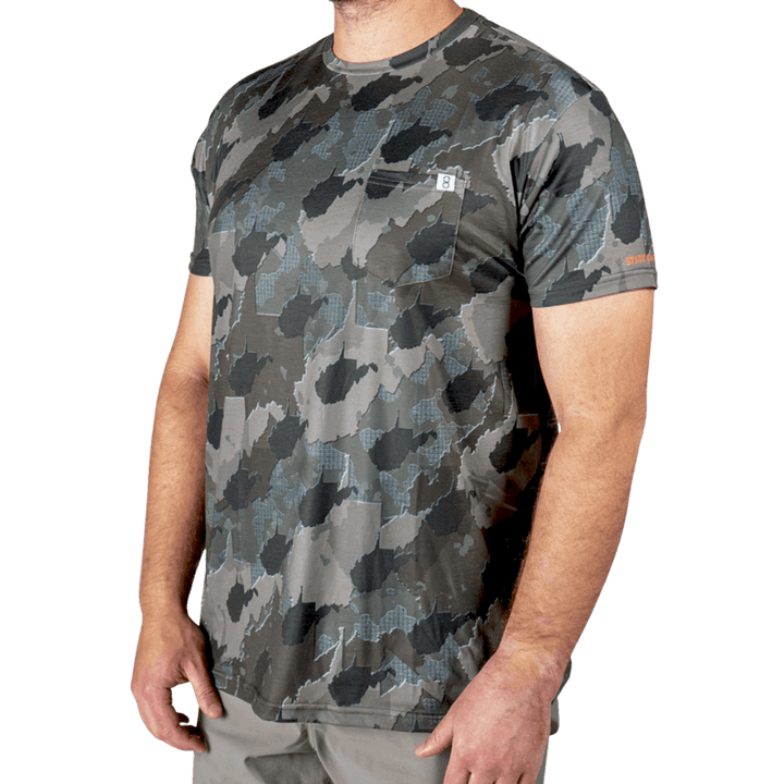 Men’s West Virginia Camo short sleeve shirt featuring a unique camouflage pattern made from the outline of the state of West Virginia. Lightweight, breathable, and perfect for hunting, hiking, or everyday wear.