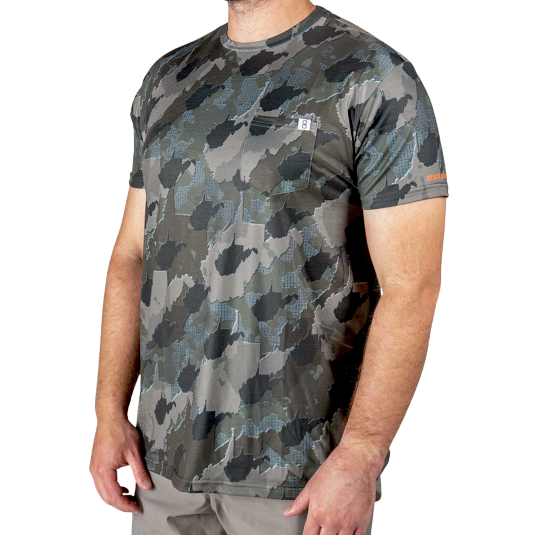 Men’s West Virginia Camo short sleeve shirt featuring a unique camouflage pattern made from the outline of the state of West Virginia. Lightweight, breathable, and perfect for hunting, hiking, or everyday wear.