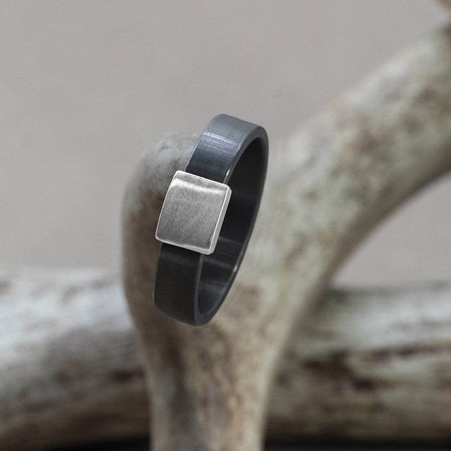 5MM Gunmetal with 14kt. white Gold Brushed insert Barrel Band on antler