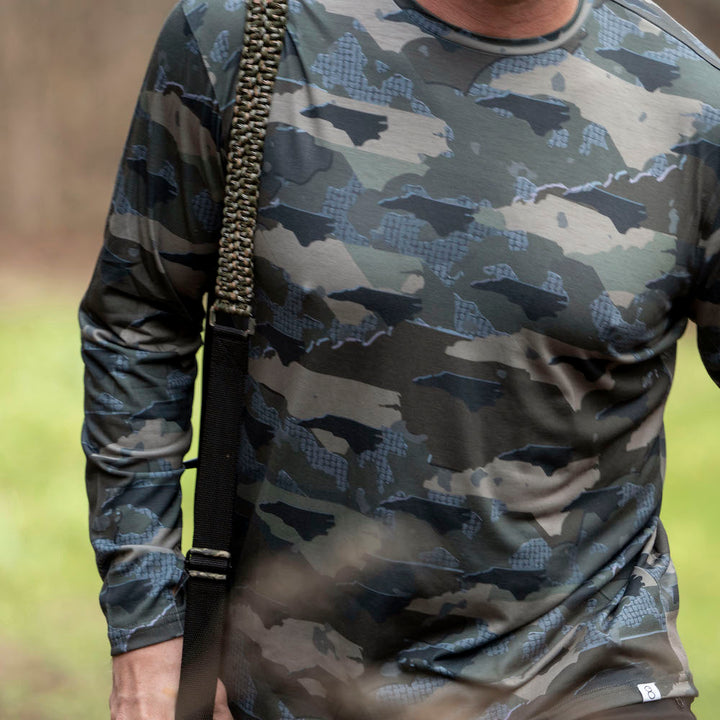 North Carolina State Camo long sleeve shirt featuring a unique camo pattern made for North Carolina, designed for hunters and outdoor enthusiasts
