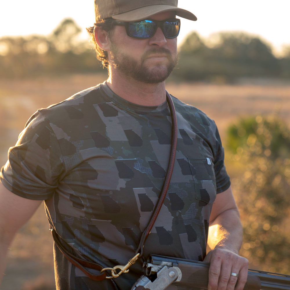 Men’s Georgia  Camo short sleeve shirt featuring a unique camouflage pattern made from the outline of the state of Georgia Lightweight, breathable, and perfect for hunting, hiking, or everyday wear.