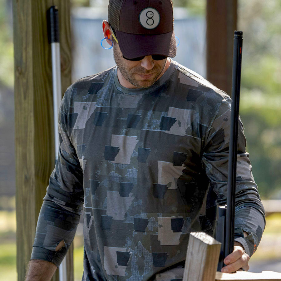 Arkansas State Camo long sleeve shirt featuring a unique camo pattern made for Arkansas, designed for hunters and outdoor enthusiasts 
