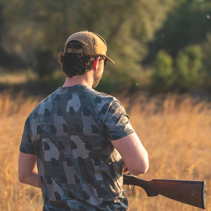 Men’s Georgia  Camo short sleeve shirt featuring a unique camouflage pattern made from the outline of the state of Georgia Lightweight, breathable, and perfect for hunting, hiking, or everyday wear.