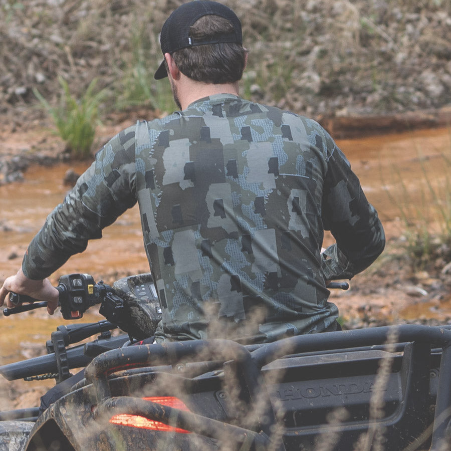 Mississippi State Camo long sleeve shirt featuring a unique camo pattern made for Mississippi, designed for hunters and outdoor enthusiasts
