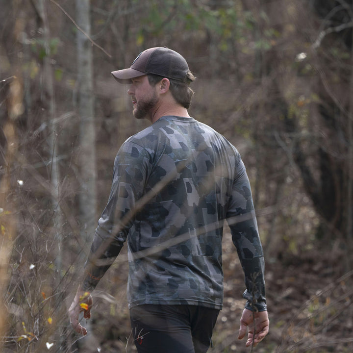 Georgia State Camo long sleeve shirt featuring a unique camo pattern made for Georgia,  designed for hunters and outdoor enthusiasts 
