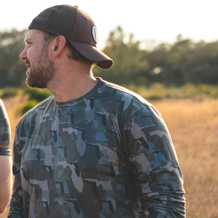 Florida State Camo long sleeve shirt featuring a unique camo pattern made for Florida, designed for hunters and outdoor enthusiasts 
