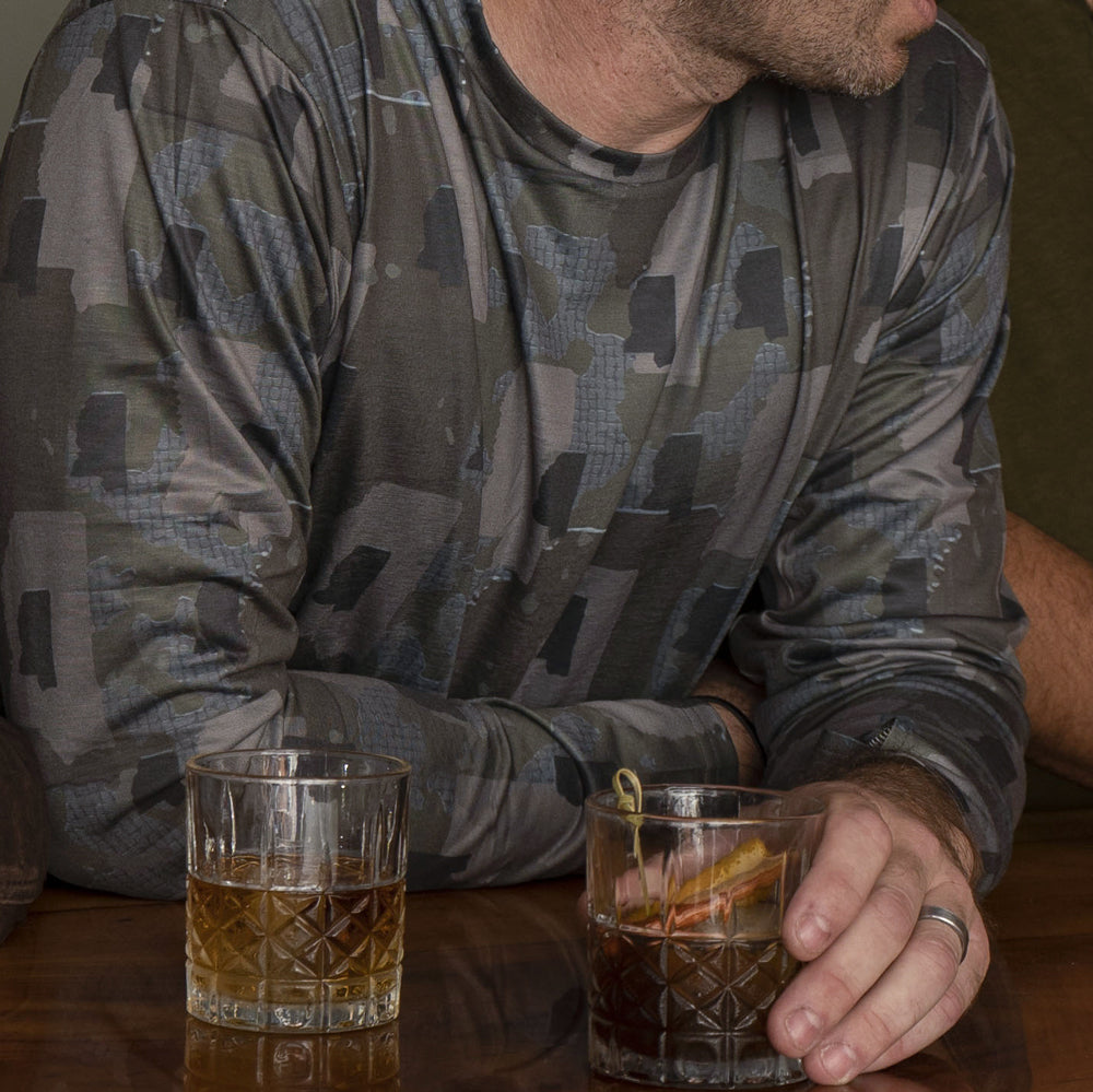 Mississippi State Camo long sleeve shirt featuring a unique camo pattern made for Mississippi, designed for hunters and outdoor enthusiasts
