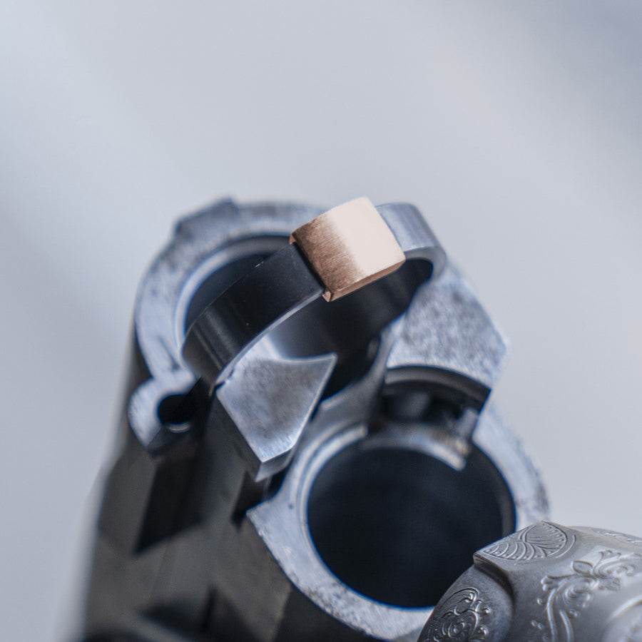 7MM Gunmetal with Brushed Rose Gold insert Barrel Band on gun barrel