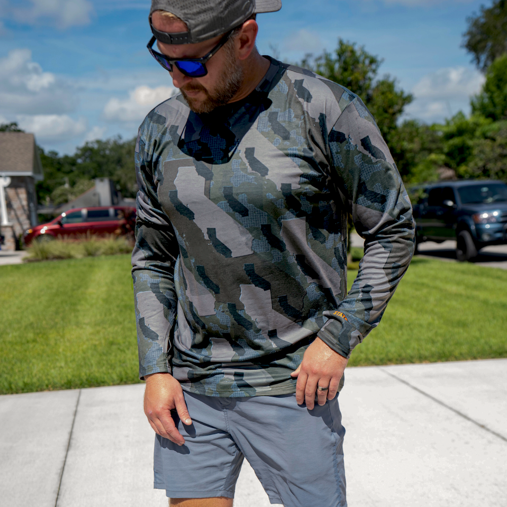 California State Camo long sleeve shirt featuring a unique camo pattern made for California , designed for hunters and outdoor enthusiasts.